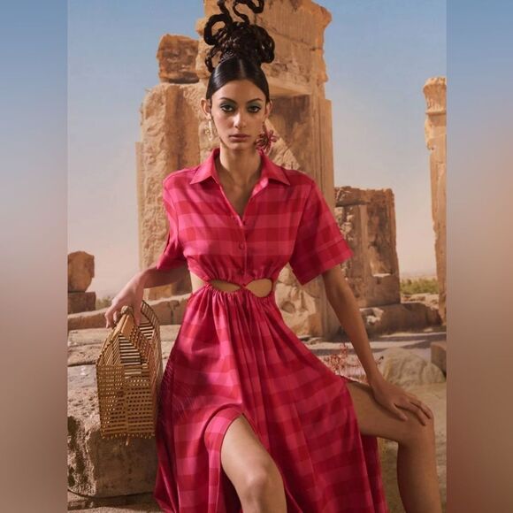 CULT GAIA Keegan Cutout Checked Twill Midi Shirt Dress In Ghermez Rose S - Picture 2 of 11